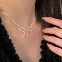 wholesale S925 Sterling Silver Crushed Silver Bow Necklace for Women, South Korea Summer New Small Minimalist Collarbone Chain-Pure silver (40+5CM)