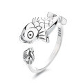 wholesale S925 sterling silver vintage matte finish resin blue koi ethnic style adjustable open ring for women-0-4