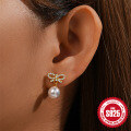 wholesale 925 Sterling Silver Hot-Sale Personalized Diamond Bow Pearl Stud Earrings, Korean Style-0-2