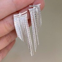 wholesale S925 Sterling Silver One-Bar Long Chain Tassel Earrings, Simple and Versatile Elegant Style, Two-Way Wear Vacation-Themed Earrings-Platinum>925 silver