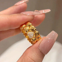 wholesale S925 Sterling Silver Red Elk All-Over Retro Light Luxury European and American Style Heart Ring for Women, Unique Niche Pinky Ring-BZ0613-Gold US size 6