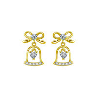 Sterling Silver Moissanite Bow Bell Stud Earrings-Bow and bell earrings (gold)  10-point + 10-point moissanite (heart-shaped, 3mm)