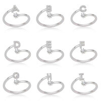 wholesale S925 Sterling Silver 26 Letter Ring, Fashionable Minimalist Everyday Versatile Open-Ended Adjustable One-Size Ring-Letter X Opening adjustable
