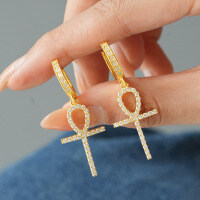 S925 Sterling Silver Hip-Hop Cross Earrings with Moissanite, Luxury Unisex Design.-Set with moissanite - Gold  925 Silver