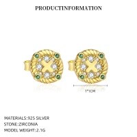 wholesale S925 Sterling Silver Round Vintage Button Earrings With Inlaid White Shell, Luxury Advanced Style, Cross-border Wholesale-YE0203_Green Nano/White Zirconium_18K Yellow Plated_Pair_With Small Flower Ear Caps 925 Silver