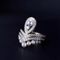 wholesale 18K gold set with natural diamond women's stackable ring, crown-shaped teardrop seawater pearl ring, round genuine diamond-0-2