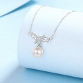 wholesale S925 Sterling Silver Natural Freshwater Pearl Necklace for Women with Bow Pendant, Sweet and Elegant Collarbone Chain for Distribution and Wholesale-0-1
