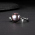 wholesale S925 Sterling Silver Natural Black Freshwater Pearl Ring, Fashionably Luxurious and High-End Set with 9mm Bread-Shaped Pearl-0-2