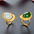 wholesale S925 Sterling Silver Sand Gold Gemstone Ring for Women, Adjustable Opening Light Luxury Fashionable Personality Inlaid with Hetian Jade Jasper Ring for Index Finger-0-0