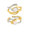 wholesale S925 Sterling Silver Novel Small Niche Personalized Two-Tone Plated Irregular Openwork Inlaid Freshwater Pearl Adjustable Ring for Women-0-4