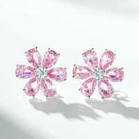 Sterling Silver Necklace with Flower Pendant and Zircon Chain-Six-flower pink earrings  925 silver