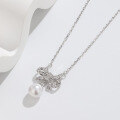 wholesale S925 sterling silver runaway princess full diamond bow pendant women's pearl necklace elegant design collarbone chain with engraving-0-1