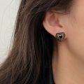 wholesale S925 Sterling Silver Ancient Method Gold Black Agate Heart Stud Earrings Women's Korean Spring New Arrival High-end Fashion Must-have Earrings-0-2