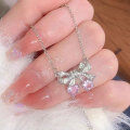 wholesale 925 Silver Light Luxury Style Micro-Paved Pink Zircon Bow Earrings Fashion Set High-End Heart Necklace-0-1