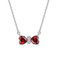 wholesale 925 Sterling Silver Double Heart Shaped Lucky Stone Zircon Pendant Bow Necklace for Women Small Collarbone Chain Ins Wholesale-Pomegranate Red【January】>925 Silver