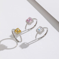 wholesale 925 Sterling Silver French High-Carbon Diamond Square Diamond Ice-Cut Ring Women Ins Niche Design Ring Cross-Border New Product-Yellow Diamond Ring Adjustable Opening