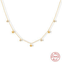 wholesale K925 Sterling Silver Gold-Plated Five-Pointed Star Pendant Necklace with Inlaid Diamonds-gold