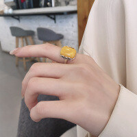 wholesale S925 Sterling Silver Vintage Weathered Amber Stone Square Sugar Retro Imperial Palace Style Elegant Design Adjustable Ring-1370JM/approx. 3.74g Adjustable opening