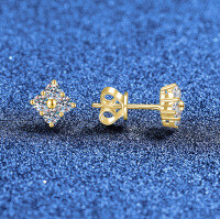 Sterling Silver Moissanite Stud Earrings, Four-Leaf Clover Design, Dainty and Sweet Style-(Gold-plated earbuds) 48 points Moissanite  925 Silver