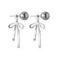 wholesale Sterling Silver S925 Gray Pearl Back Bow Ear Studs Simple Sweet Elegant Long Two-Way Earrings-0-4