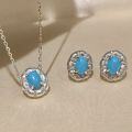 wholesale 925 Sterling Silver Light Luxury High-End Oval Blue Turquoise Brushed Necklace and Earrings Set for Women, Vintage Elegant Jewelry-0-0