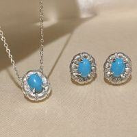 wholesale 925 Sterling Silver Light Luxury High-End Oval Blue Turquoise Brushed Necklace and Earrings Set for Women, Vintage Elegant Jewelry-Necklace 925 Silver