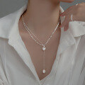 wholesale S925 Silver Vintage Baroque Pearl Heart Necklace Summer Korean Style Double Layer Women's Choker D8510-0-1