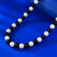 wholesale Metal Material, Moojing Jewelry Intense Light Perfectly Round Large 8mm Pearl Black Onyx Vintage Necklace French Collarbone Chain 40+5cm-N413 Black Onyx Necklace 925 Silver