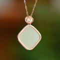 wholesale 925 silver rose gold-plated square natural Hetian jade pendant necklace with certificate, cheongsam, Hanfu, and antique-style accessories-0-3