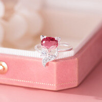 wholesale 990 Sterling Silver Popular Live-Streaming Hit Ring, Ins Style Niche Design Red Diamond Fox Ring R02553-990 Pure Silver Ring>Adjustable opening