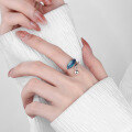 wholesale S925 Sterling Silver Blue Resin Morning Dew Leaf Small Bead Pendant Adjustable Ring, Unique Niche Index Finger Ring-0-3
