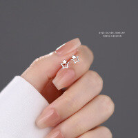 wholesale S925 Sterling Silver Twin Star Earrings for Women, Korean Style Versatile Simple Cute Fashion Fresh Star Earrings for Pierced Ears-Platinum 925 silver