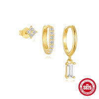 wholesale S925 Sterling Silver geometric diamond-encrusted hoop earring set for daily wear, a classic and elegant hot-seller-3-piece set Gold#2 925 silver