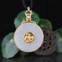 wholesale Gold-plated 925 Silver Inlaid Rotatable Icy Mousse Jadeite Peace Buckle, National Trend Hanfu Costume Pendant Jade Ornament-45mm jade pendant + black necklace 14mm