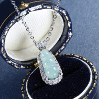 S925 Silver Inlaid High-Grade Natural A Jadeite Bean Pendant-Inlaid with blue-green jadeite  925 silver