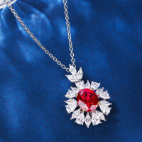 wholesale S925 Sterling Silver Full Diamond Oval Pendant Choker Necklace for Women, Cross-Border European and American Style, Wholesale with Blue Gemstone-red