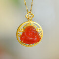 wholesale 925 silver gold-plated pendant with certified red jade laughing Buddha, inlaid with agate and chalcedony, women's Maitreya hanging piece-0-5