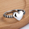wholesale S925 Sterling Silver Vintage Retro Polished Heart Versatile Minimalist Design Adjustable Ring for Women-0-1