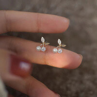 wholesale S925 Sterling Silver Fresh and Sweet Cherry Diamond-Encrusted Beaded Stud Earrings, Ins Style Petite Ear Jewelry M05949-S925 silver pair silver>925 silver