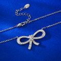 wholesale Metal: 925 Sterling Silver Bow Ribbon Necklace Pendant for Women, Classic Minimalist Fashion Style, Fully Diamond-Covered Choker-0-3