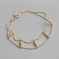 wholesale S925 Sterling Silver HSL1060 Korean-style Elegant Beaded Chain Bracelet with Personalized Letter, Dollar Sign, and Zircon Inlays for Women-Platinum>925 silver