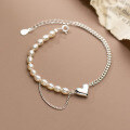 wholesale S925 Silver Heart Pearl Chain Bracelet Korean Style Fresh and Delicate Heart-shaped Women's Hand Jewelry Batch S4756-0-0