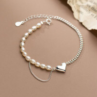 wholesale S925 Silver Heart Pearl Chain Bracelet Korean Style Fresh and Delicate Heart-shaped Women's Hand Jewelry Batch S4756-S925 silver one 925 silver