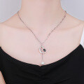 wholesale S925 Sterling Silver Retro D-Letter Black Zircon Pearl Chain Tassel Layered Collarbone Necklace-0-2