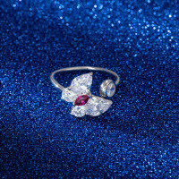 wholesale S925 Sterling Silver Cloud-Patterned Ring, Light Luxury Top-Grade Ultra-Sparkling Zircon Rings, Lucky Four-Leaf Clover Vintage Ring-Premium 8A white zircon, 4A red zircon &gt; Adjustable opening
