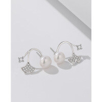 wholesale 925 Sterling Silver Freshwater Pearl Earrings Women Small Design High-End Micro-Inlaid Zircon Two-Way Wear Earrings-Freshwater Pearl Earrings with Plastic Earplugs 925 Silver