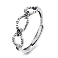 wholesale S925 Sterling Silver Vintage Thai Silver Antique Openwork Hollow Ring with Circle Joint Design, Adjustable Statement Ring for Women-YFJ306/approx. 1.5g>Adjustable opening
