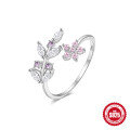 wholesale 925 Sterling Silver Pink Floral Leaf Creative Open Ring with Marquise Zircon, Unique Design-0-4