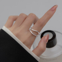 wholesale 925 Sterling Silver Minimalist Wave Double Layer Ring, Niche Design Irregular Line Index Finger Jewelry R00344-S925 Silver Ring - Double Layer &gt; Adjustable Opening