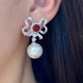 wholesale 25 silver new bow-shaped inlaid ruby and sapphire earrings with 13mm pearl for women-0-3